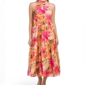 NICOLE MILLER NEW YORK Floral Halter Chiffon Tiered Dress